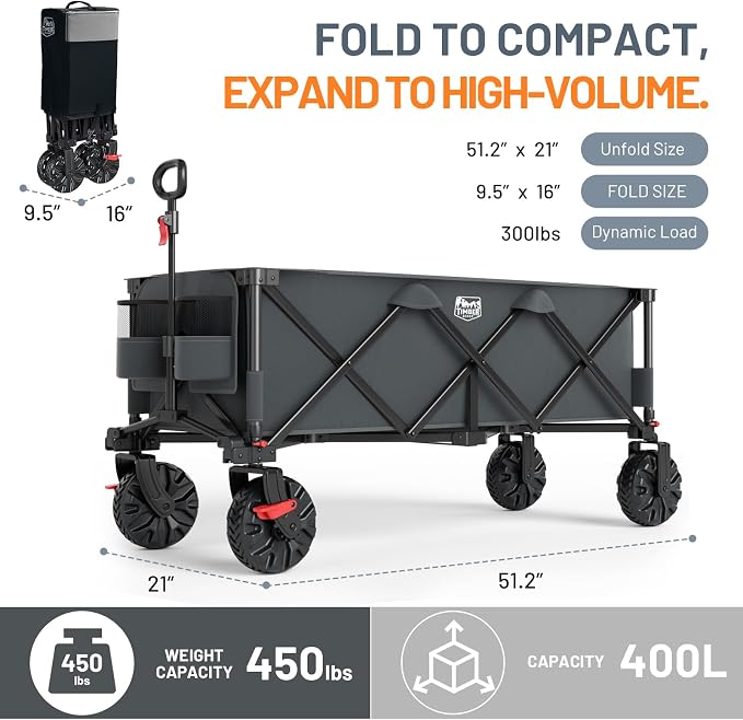 Timber Ridge 51.2" Extended Collapsible Wagon - Heavy-Duty Utility Cart with All-Terrain Wheels, Brakes & Cargo Net, 400L Capacity for Camping, Sports & Shopping, Grey