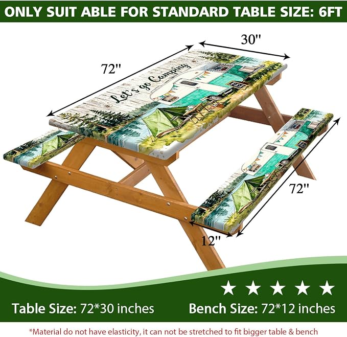 Picnic Table Cover with Bench Covers Elastic Edges, Camping Watercolor Wooden Table Cover, Outdoor Patio Camping Essentials 72 Inch 3PCS, Waterproof Washable Fitted Tablecloth with Drawstring Bag