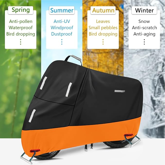 SECELES Waterproof Motorcycle Cover 300d Oxford Heavy Duty Powersports Vehicle Covers with Windproof Buckles Motorcycle Rain Cover for Dirt Bike (XXXL 96" x 37" x 50" Black & Orange)