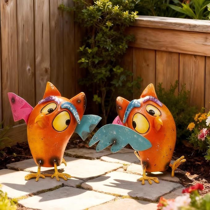 Natelf Bird Garden Decor Outdoor Statues Yard Art Set of 2 | Metal Figurines, Wacky Funny Design, Gifts for Grandma Mom Women