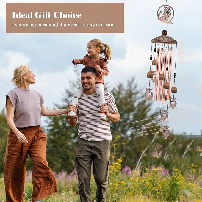 36 Inch Owl Wind Chimes for Outside - Rustic Copper Metal Silhouette Decor with 6 Handcrafted Pendants - Wisdom & Guardian Memorial Windchime - Unique Gift for Owl Lovers, Garden & Patio