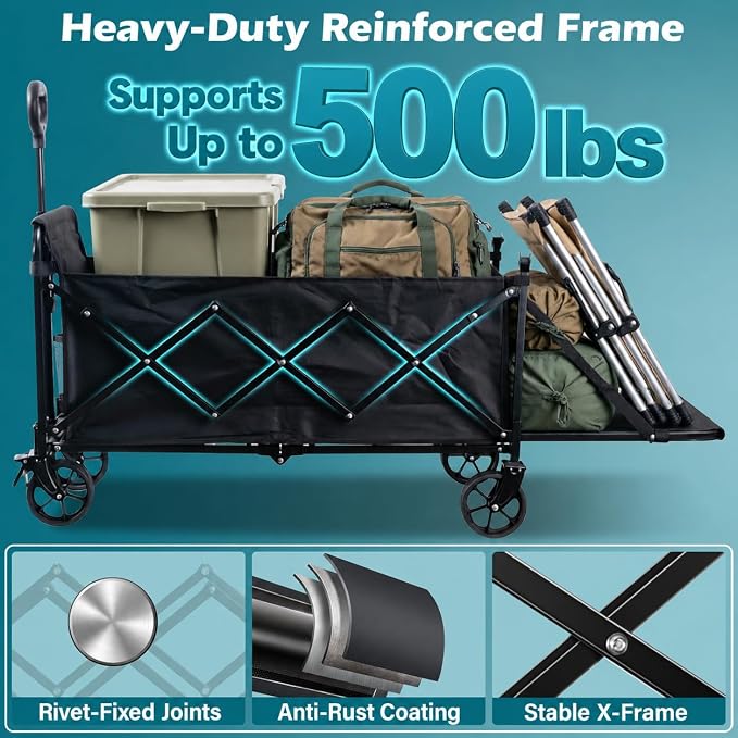 Collapsible Wagon Cart, 300L Folding Wagon with Tailgate & Brakes | extra large wagon cart with rear tailgate, brakes, large all-terrain wheels for camping, groceries, beach, outdoor hauling