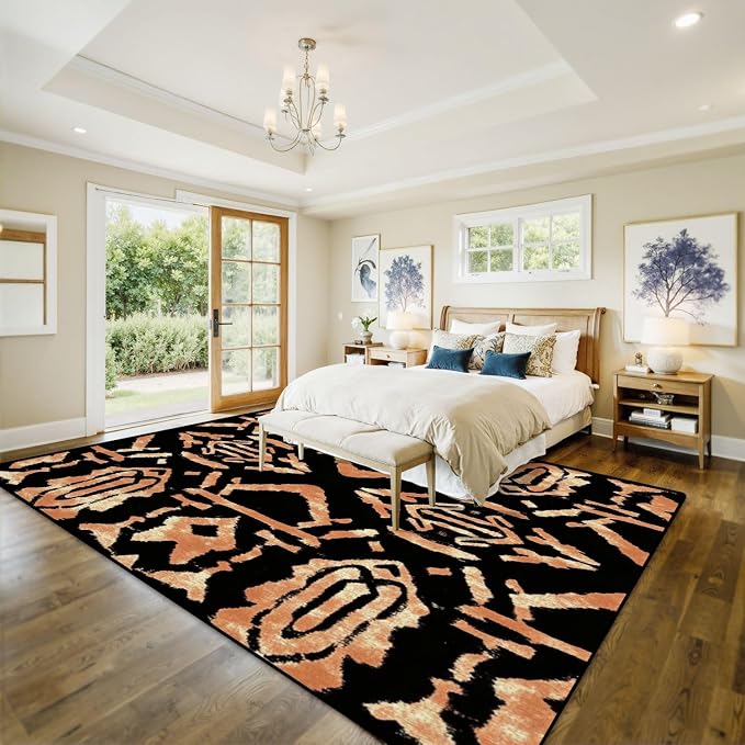 10x14 Area Rugs for Living Room Ethnic African Print Boho Chocolate Abstract Brown Artwork Handmade Washable Large Area Rug for Bedroom Non Slip Outdoor Carpets Soft Mats Kitchen Home Office Decor