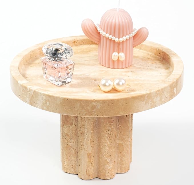 Travertine Marble Perfume Tray - Round Decorative Stone Pedestal with A Scalloped Leg for Bathroom Vanity Coffee Table Kitchen Countertop, Footed Jewelry Holders Organizers