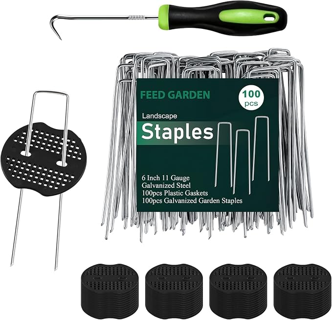 FEED GARDEN Landscape Staples 6 Inch 100 Pack Kit, Heavy Duty 11 Gauge Hot-Dip Galvanized Garden Stakes with 100 Gaskets & 1 Pick Hook for Weed Barrier, Landscape Fabric, Sod, Turf & Garden Edging