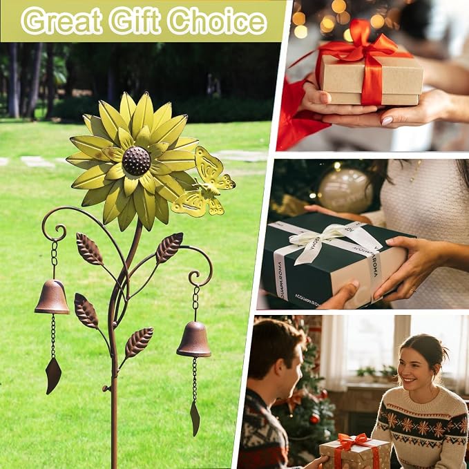 HLQMFHT Sunflower Garden Stake with Bells, Decorative Garden Stakes for Garden Yard Patio Decor