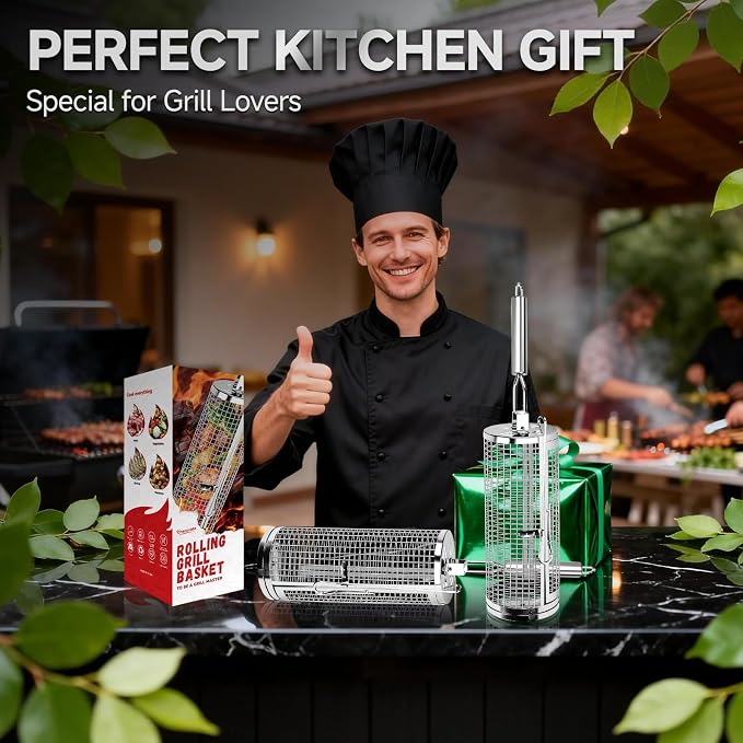 Chenovate® Heavy Duty Rolling Grill Baskets with Side-opening and Removable Handle,Grill Accessories for Veggies Shrimp Meat,Food-grade Stainless Steel,Kitchen Gadgets Fits Outdoor Cooking & Picnics,Camping Essentials,Ideal Gifts for Father's Day,Festi...