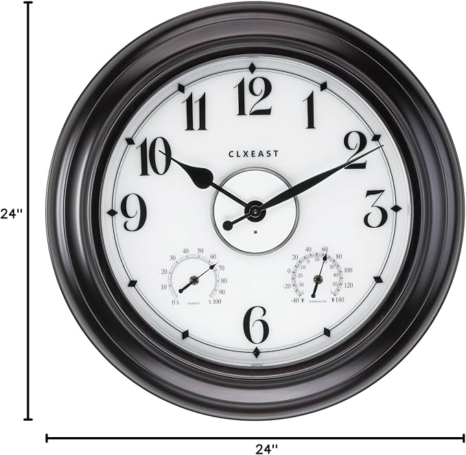 CLXEAST 24 Inch LED Self-Illuminated Outdoor Metal Clocks Waterproof, Large Lighted Outdoor Clock with Temperature and Humidity,Oil Rubbed Bronze Black,Spring Garden Decor