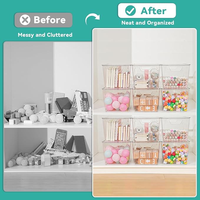 6 Pack Large Clear Storage Bins with Lids, Acrylic Arts and Craft Storage Containers, Stackable Clear Plastic Craft Storage Bins with Handles for Pantry Organizers and Storage, Kitchen, Fridge, Office