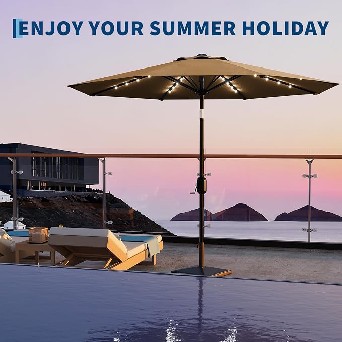 GarveeLife Patio Umbrella with Solar Lights, Outdoor Table Umbrella with 8 Durable Ribs, Tilt & Crank Mechanism, Water & UV Protection Sun Shade Umbrella for Garden, Poolside, Backyard (Tan, 9 FT)
