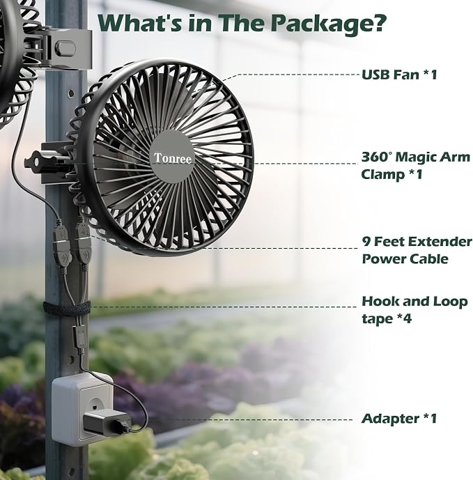 Grow Tent Fan, 5.5" Greenhouse Clip Fan with Brushless Motor and Non-Slip Clamp, Strong Airflow and Low Noise, 360° Tilt, Easy Mount for Plant Hydroponics Circulation Cooling Ventilation Shed