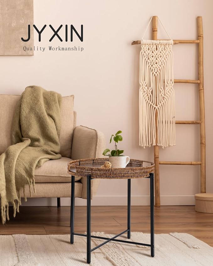 19in Round Rattan Side Table with Wooden Tray,Small Round Wicker Wooden End Table,Rattan End Table for Indoor Use, Living Room, Bedroom, Office, Balcony-Brown