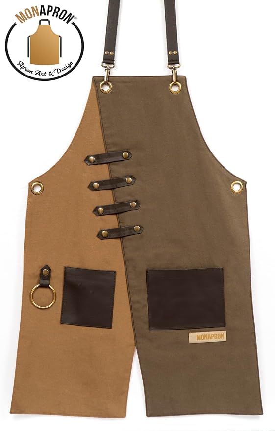 MONAPRON Apron for Women and Men Waterproof Canvas Extra Pocket for Chef Barista Gardening BBQ Grilling Crossback Unisex