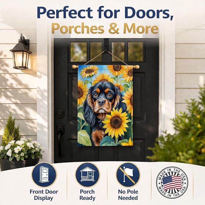 Caroline's Treasures DAC6048CHF Cavalier Spaniel in Sunflowers House Flag Large Porch Sleeve Pole Decorative Outside Yard Banner Artwork Wall Hanging, Polyester, House Size, Multicolor