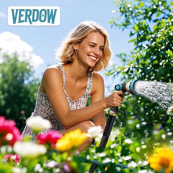 Garden Hose 100 ft, Non-Expandable Lightweight Water Hose, 360° Swivel Fittings, 10-Pattern Spray Nozzle Flexible Hose for Yard, Lawn, Ourdoor Ues