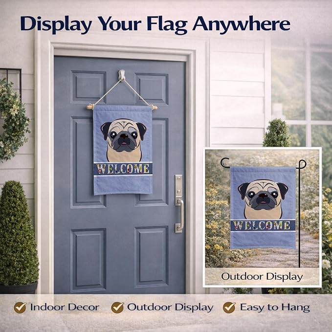 Caroline's Treasures BB1448GF Fawn Pug Welcome Garden Flag, Blue Mailbox Flag Decorative Yard Flag Banner Outside Patio Artwork Yard Flower Beds, Garden Size, Multicolor