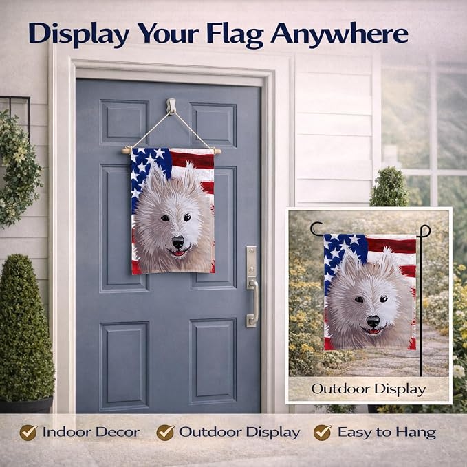 Caroline's Treasures CK6687GF Samoyed Dog American Flag Garden Flag Mailbox Flag Decorative Yard Flag Banner Outside Patio Artwork Yard Flower Beds, Garden Size, Multicolor