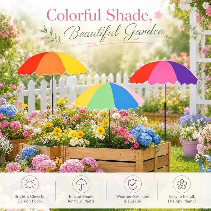 3 Pack Upgraded Plant Umbrellas for Outdoor Plants, 23.6" Garden Plant Shade Umbrella with Adjustable Angle, 40.5" Height Sun Shade for Potted Plants & Garden Beds, Rainbow Color 