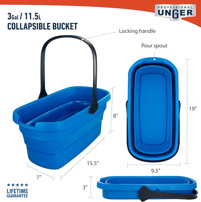 Unger Professional 3-Gallon Collapsible Bucket, Portable Household Cleaning Supplies, Small Washing Buckets with Handles, Essential Water Container and Storage Organizer Tool