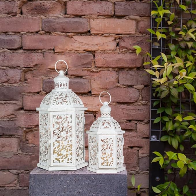 Lanterns Decorative Outdoor&Indoor, Set of 2 (15"&7") White Metal Lantern Decor, Candle Holder for Porch, Patio, Christmas, Balcony, Wedding, Table Centerpiece
