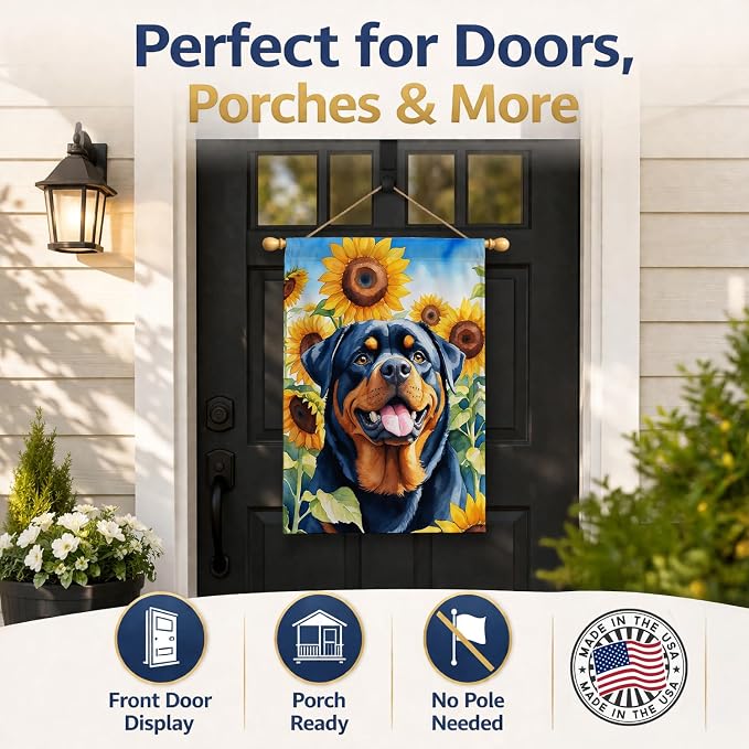 Caroline's Treasures DAC6150CHF Rottweiler in Sunflowers House Flag Large Porch Sleeve Pole Decorative Outside Yard Banner Artwork Wall Hanging, Polyester, House Size, Multicolor