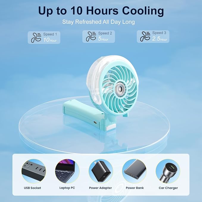 HandFan Upgraded Portable Handheld Misting Fan, Rechargeable Personal Mister Fan, Spray Water Mist Fans, Foldable Electric Mini Cooling Fans for Beach Travel Disney Makeup(Light Blue)