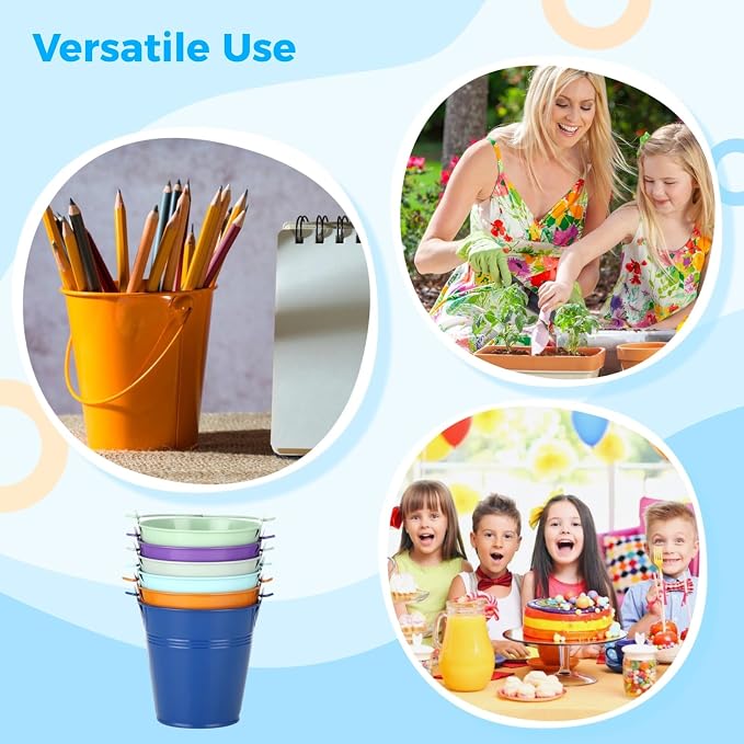 24 Pcs Small Metal Buckets with Handle, 3.9 in Multicolor Mini Buckets Party Favors, Tinplate Iron Buckets for Party Decoration, Wedding Favors, DIY Flower Pots