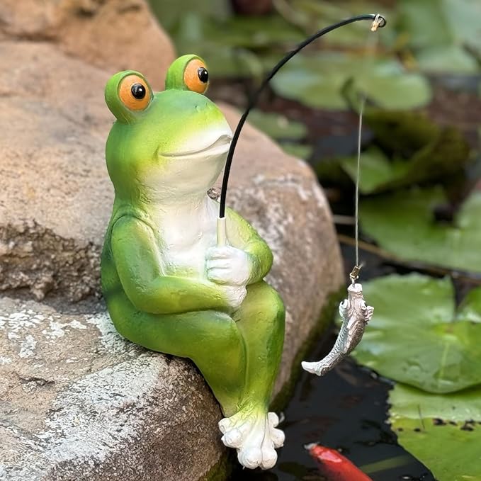 Frog Decoration for Yard Outdoor Garden Decor 9.7 Inch Tall Fishing Frog Statue for Koi Pond, Waterfalls or Poolside Ornaments, Fisher Animals Pond Decor, Gift for Mom & Women