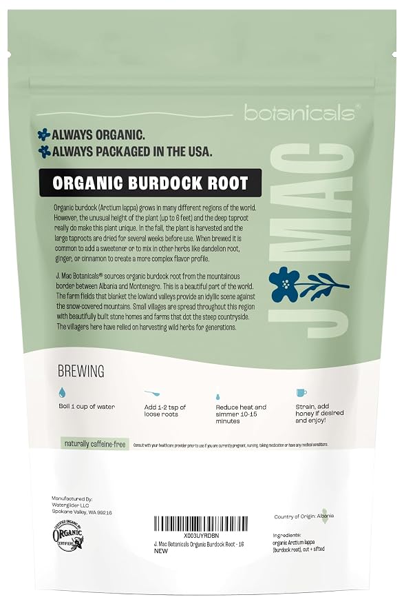 J Mac Botanicals, Organic Burdock Root Tea (16 oz), Certified USDA Organic Burdock Root herb, fresh dried herb from Eastern Europe