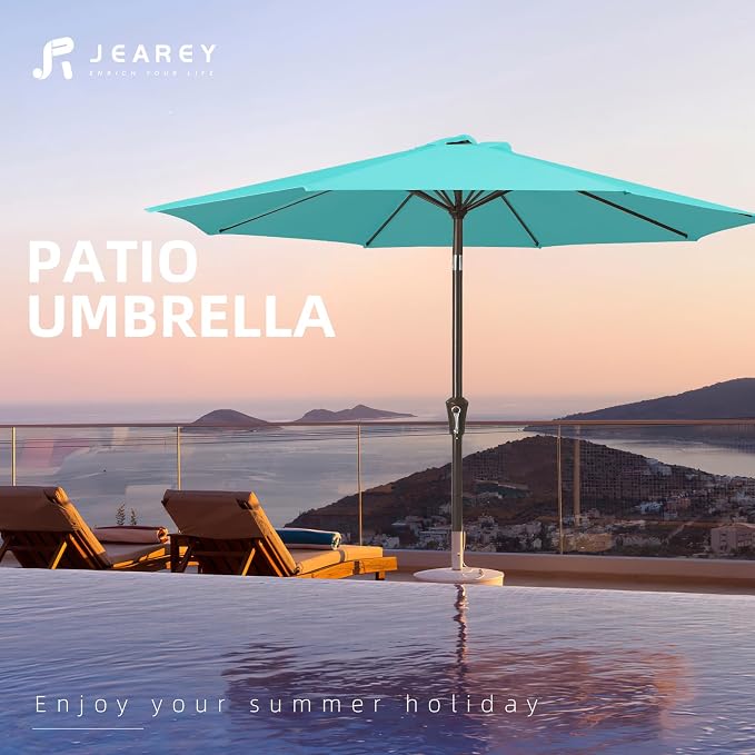 JEAREY 10FT Outdoor Patio Umbrella Outdoor Table Umbrella with Push Button Tilt and Crank, Market Umbrella 8 Sturdy Ribs UV Protection Waterproof for Pool, Garden (Turquoise)