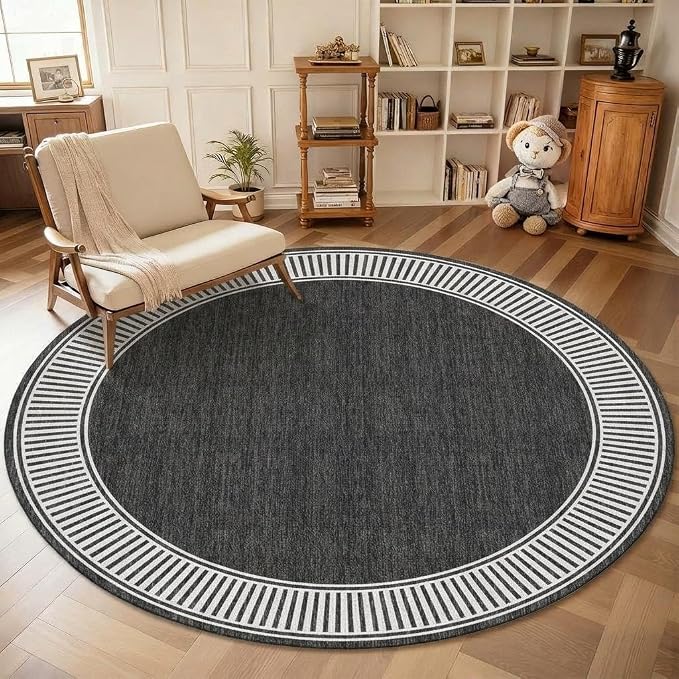 GarveeHome Small Round Rug 4ft Washable Modern Solid Bedroom Rugs | Non Slip Low Pile Black Circle Rugs Dining Room Round Throw Carpet for Living Room Nursery, Black