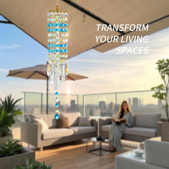 Crystal Wind Chimes Rainbow Suncatcher for Window, Garden, Patio | K9 Crystal Suncatcher, 22 Inches, Creates Rainbows Indoors/Outdoors, Ideal For Gifting, Rose Gold Hooks, Porch/Balcony