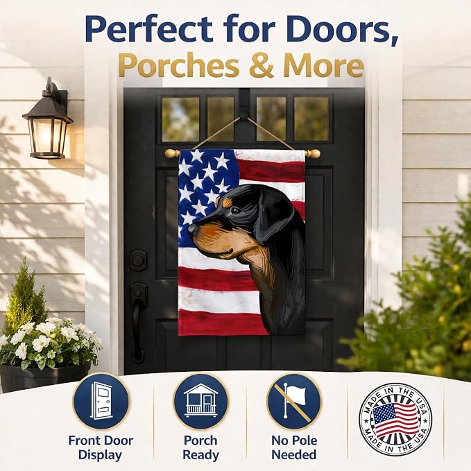 Caroline's Treasures CK6714CHF Smaland Hound Dog American Flag House Flag Large Porch Sleeve Pole Decorative Outside Yard Banner Artwork Wall Hanging, Polyester, House Size, Multicolor