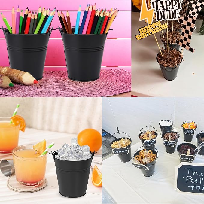 20 Pack Black Mini Metal Buckets, 4 Inch Round, Black Galvanized Buckets with Metal Handles, Perfect for Party Favors, Crafts, Garden & Beach
