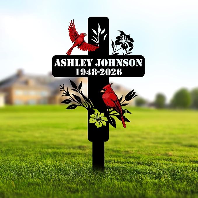Personalized Cardinal Garden Sign with Stakes, Custom Name Sign, Yard Decor Outdoor, Memorial Gift for Mom, Garden Plaque Sympathy Gifts, loss loved Ones Cross Sign