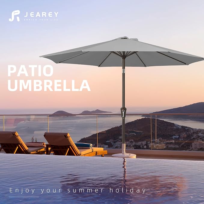 JEAREY 9FT Outdoor Patio Umbrella Outdoor Table Umbrella with Push Button Tilt and Crank, Market Umbrella 8 Sturdy Ribs UV Protection Waterproof for Garden, Deck, Backyard, Pool (Light Gray)