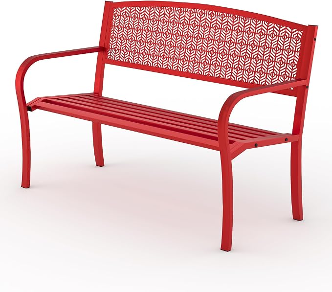 50" Outdoor Metal Garden Bench, Patio Steel Bench with Curved Backrest, Decorative Pattern, Weather-Resistant Porch Bench for Yard, Park, Deck, Backyard