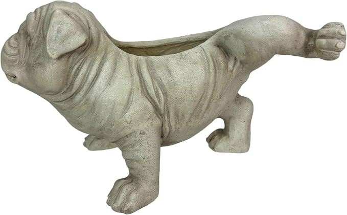 Zeckos Bulldog Planter, Antique Stone Finish Magnesium Oxide Freestanding Dog Planter, 11 Inch Tall Decorative MGO Animal Planter with Drain Hole for Indoor Display and Decor
