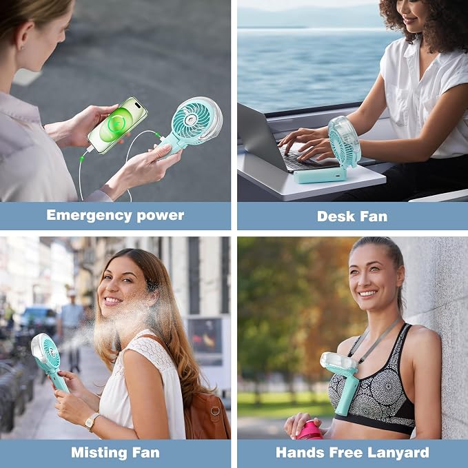 HandFan 4000mAh Handheld Misting Fan, 50ml Water Tank, Rechargeable Personal Mister Fan Portable AC, Spray Water Mist Fans, Foldable Cooling Ice Fans for Beach, Travel, Outdoors(Light Blue)