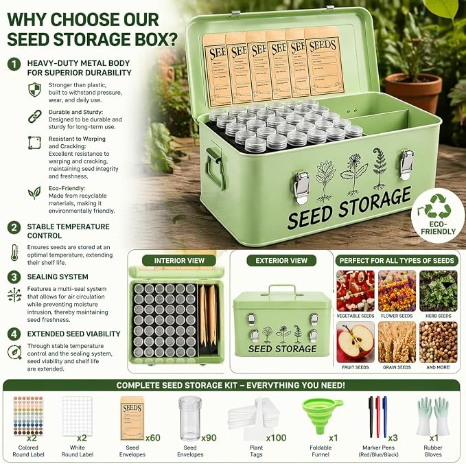 FOCHIER F Large Metal Seed Storage Organizer Box with Lid, Double-Layer Seal Design, 304 Stainless Steel Safety Lock, Handles, Extra Seed Envelopes and Labels