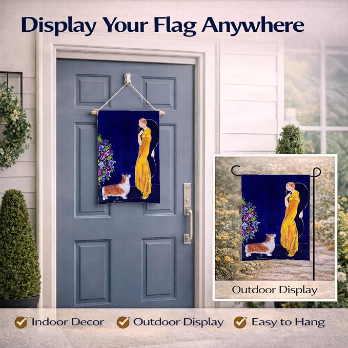 Caroline's Treasures SS8546GF Lady with her Corgi Garden Flag Mailbox Flag Decorative Yard Flag Banner Outside Patio Artwork Yard Flower Beds, Garden Size, Multicolor