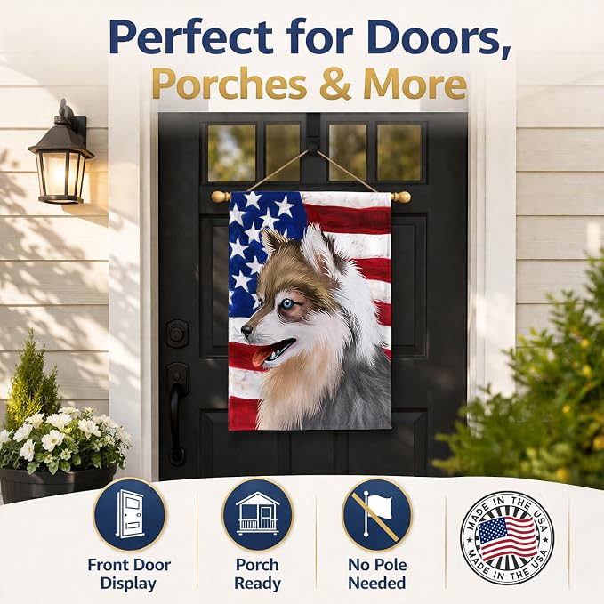 Caroline's Treasures CK6390CHF Alaskan Klee Kai American Flag House Flag Large Porch Sleeve Pole Decorative Outside Yard Banner Artwork Wall Hanging, Polyester, House Size, Multicolor