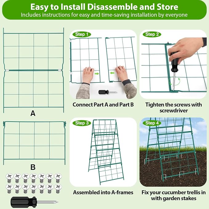 ROADPLUM Cucumber Trellis for Raised Garden Bed, Outdoor Sturdy Metal A-Frame Cucumber Trellis Support for Climbing Plants Vegetables and Fruits with Accessories, Easy installation and Easy Harvesting