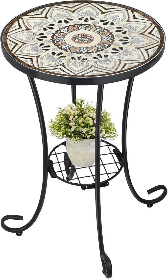 VCUTEKA Outdoor Side Table Mosaic Patio Table Accent Tables Mosaic Tile Top Metal Frame Small End Tables Porch Beach Patio Garden Balcony Brown 14''