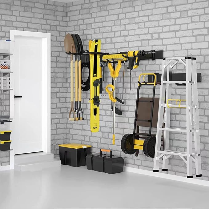 Garage Tool Organizer Wall Mount 13 PCS, Yard Garden Tool Organizer, Adjustable Tool Storage Rack with 8 Heavy Duty Hooks, Max Load 500lbs Garage Organization