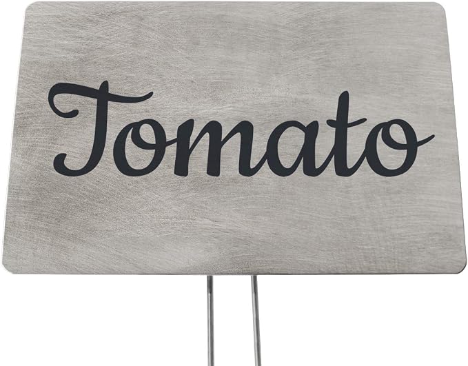 Outdoor Metal Garden Sign, Label, or Memorial. 4 x 2" or 6 x 4" sign with rounded corners and a 10" stake. Materials Include: Stainless Steel, Brass, Copper, Bronze and Titanium. (Titanium, 4 x 6")