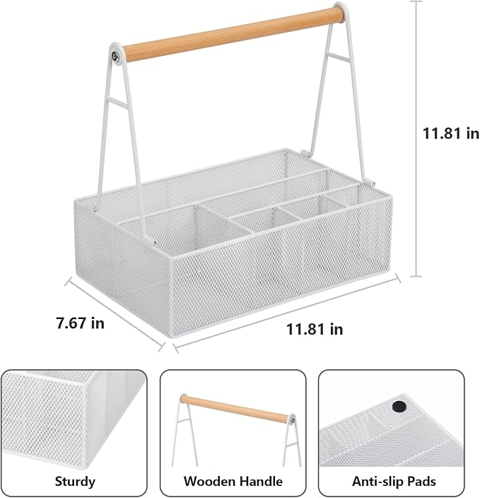 Paper Plate Organizer with Handle for Countertop, Metal Silverware Caddy for Cup, Napkin, Fork and Spoon, Paper Plate and Utensil Holder, Cutlery Caddy for Party, Camping, Picnic (White)