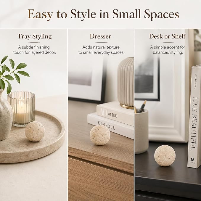 Natural Travertine Decorative Sphere, 1.18 Inch Small Stone Ball Decor, Hand-Polished Beige Orb Accent for Trays, Shelves, Dresser and Coffee Table