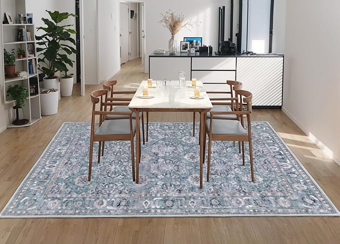 SERISSA 5x7 Washable Non Slip Floral Boho Area Rug for Living Room | Ultra Soft Vintage Floral Carpet Low-Pile Blue Grey Indoor Mat Throw Rug for Bedroom Dining Room Dorm Office Home Decor