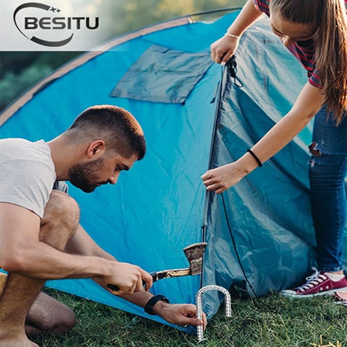 Besitu 12 Inch Ground Stakes Heavy Duty J Hook 60-Pack Metal Spikes Galvanized Ground Hooks Anchors Rebar Ground Stakes for Fence Tent Gazbo Bounce House and Outdoor Decorations Inflatables